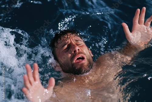 A man tries to stay afloat in turbulent waters, his expression revealing a desperate struggle to breathe, highlighting the profound intensity of his perilous situation. photo