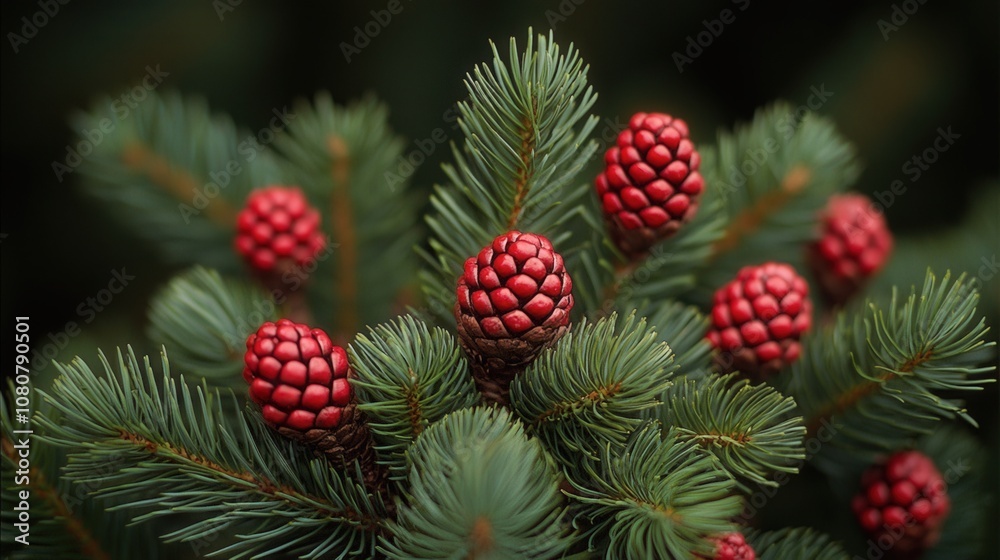 Close-up of red pine cones on lush evergreen branches highlighting nature’s beauty Close-up of red pine cones on lush evergreen branches highlighting nature’s beauty