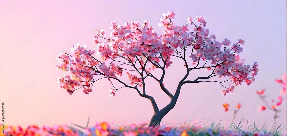 Fototapeta premium Abstract minimalist spring scene with a single, sharp silhouette of a blooming tree on a vast light grey canvas, with subtle color gradients hinting at spring freshness