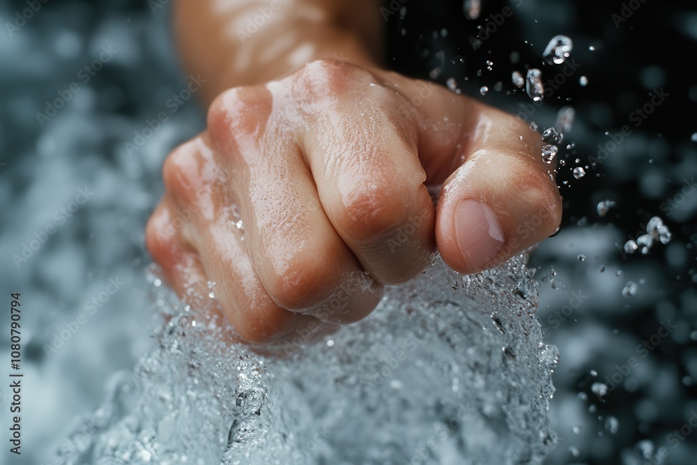 Fototapeta premium A clenched fist breaking through the water surface, capturing energy and power. This image symbolizes strength, resilience, and determination.