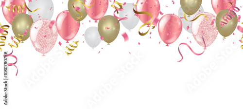 Set of pink, white transparent with confetti helium balloon isolated in the air.for birthday, anniversary, celebration, event design. Vector illustration.Seamless left and right