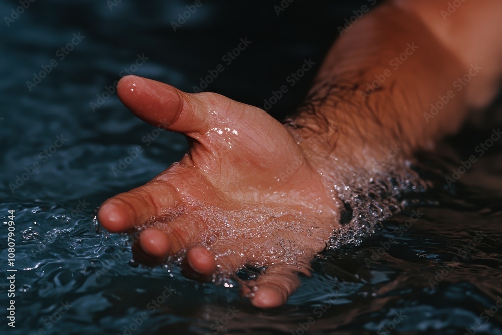 Fototapeta premium An inviting hand reaching forward through water, creating ripples. This image speaks to themes of connection, invitation, and human interaction.