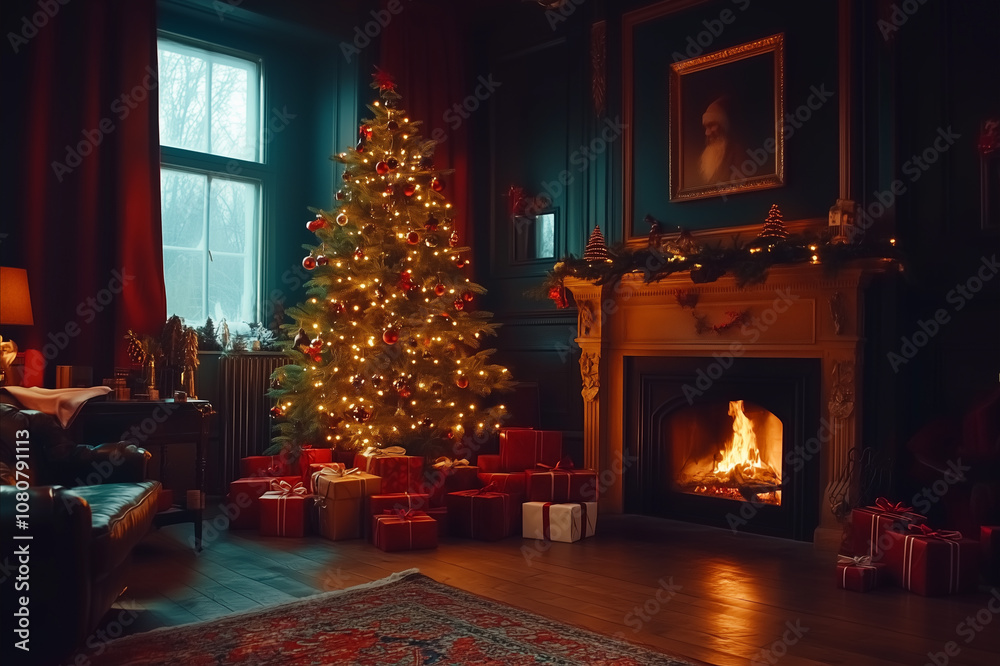 Christmas evening. Christmas tree and christmas gift boxes and candles before cozy burning fireplace Christmas evening. Christmas tree and christmas gift boxes and candles before cozy burning fireplace