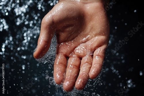 A hand is open with water glistening off the surface, contrasting beautifully against a dark backdrop, highlighting the serene and refreshing nature of water.