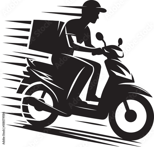 Delivery man on scooter with package silhouette vector illustration on white background