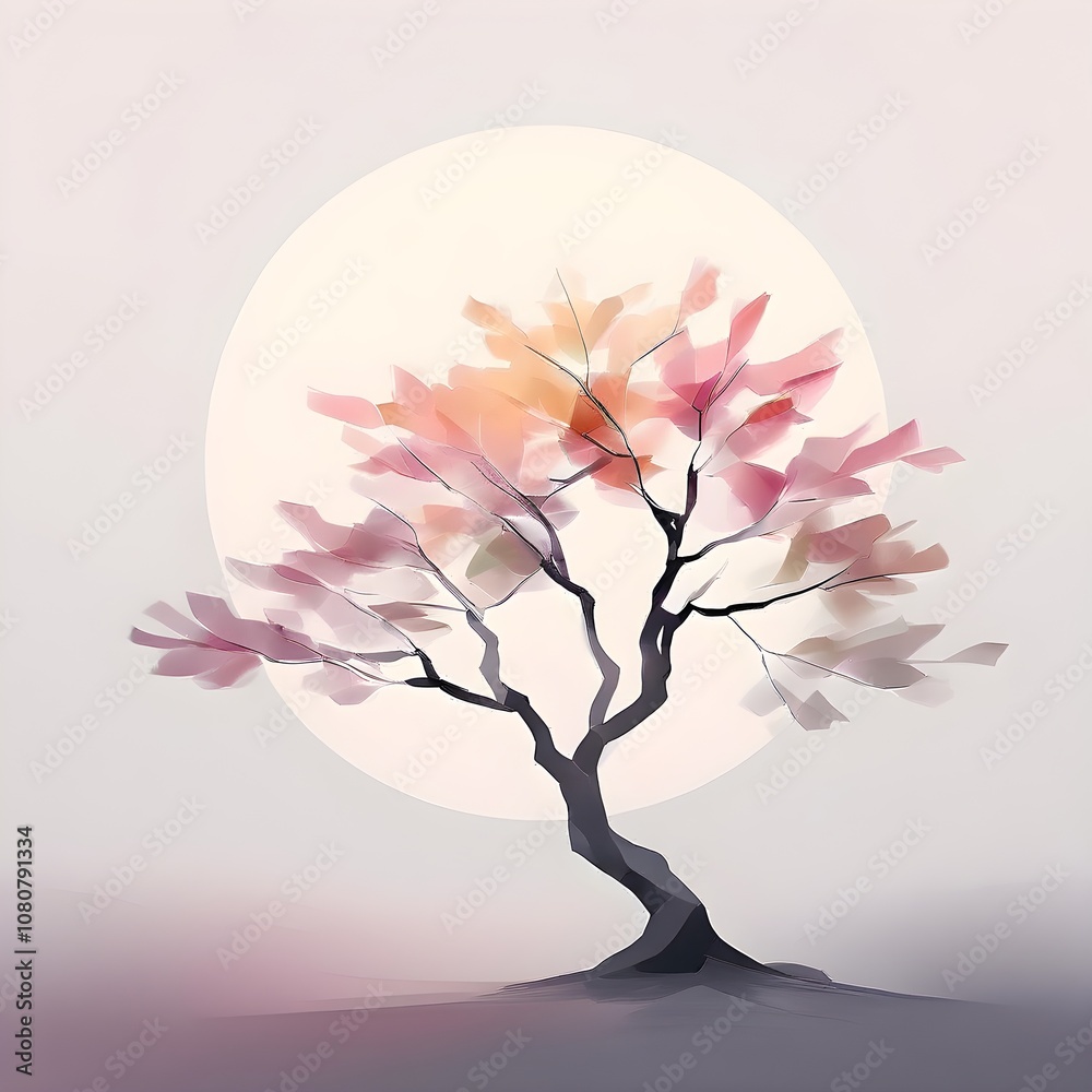 Fototapeta premium Abstract minimalist spring scene with a single, sharp silhouette of a blooming tree on a vast light grey canvas, with subtle color gradients hinting at spring freshness