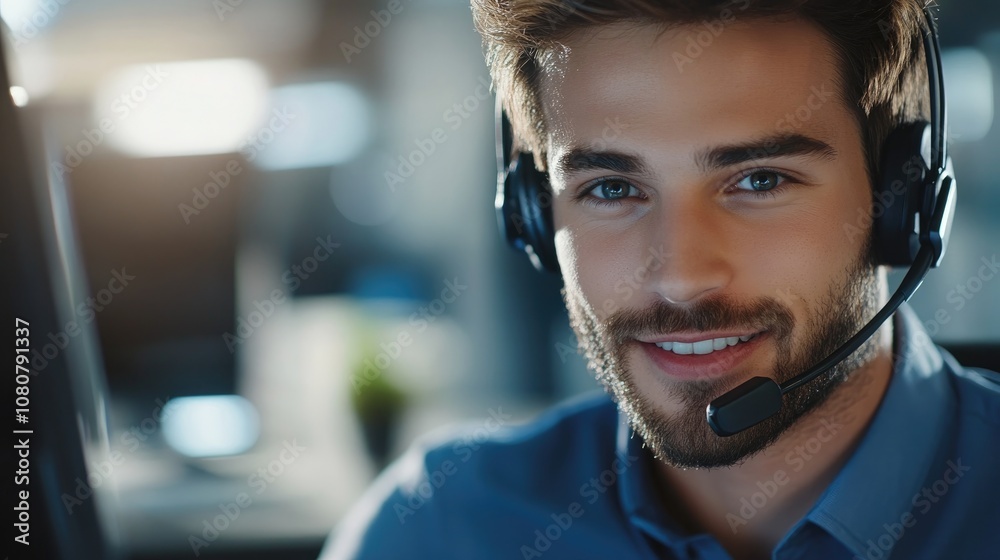 Attractive young male call center representative assisting customers in a professional environment Attractive young male call center representative assisting customers in a professional environment
