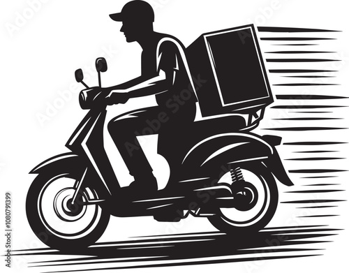 Delivery man on scooter with package silhouette vector illustration on white background photo