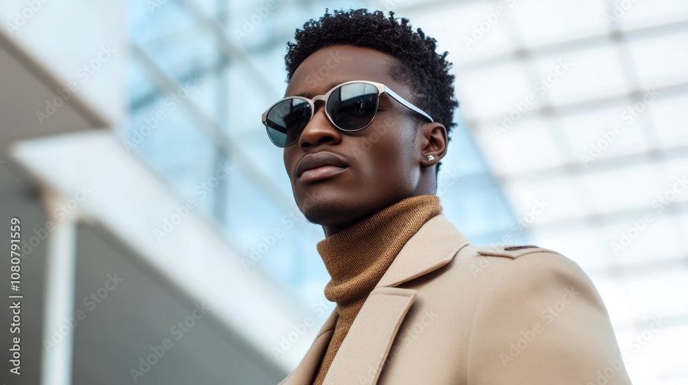 Stylish African American male model exemplifying confidence and self awareness in fashion Stylish African American male model exemplifying confidence and self awareness in fashion