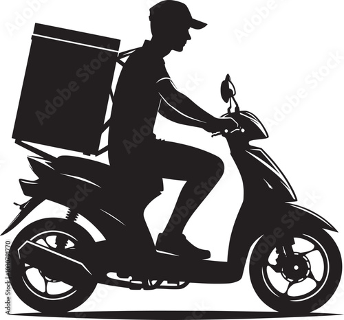 Delivery man on scooter with package silhouette vector illustration on white background