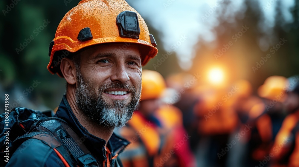 A smiling construction worker is seen wearing an orange helmet and vest amidst a busy worksite at sunset, exuding a sense of satisfaction and teamwork. A smiling construction worker is seen wearing an orange helmet and vest amidst a busy worksite at sunset, exuding a sense of satisfaction and teamwork.