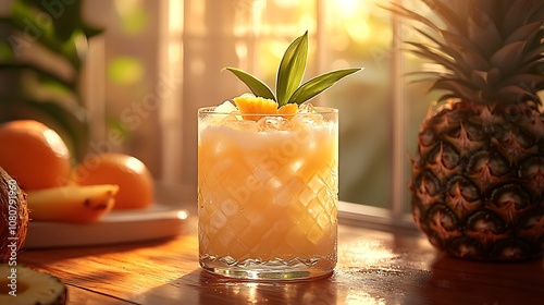 A vibrant cocktail garnished with fresh mint and orange, set against a sunny backdrop with pineapples and oranges, evoking a refreshing tropical vibe.