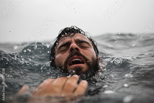 A bearded man appears to be struggling to stay afloat, his head partially submerged in tumultuous ocean waves, capturing a moment of tension and perseverance. photo