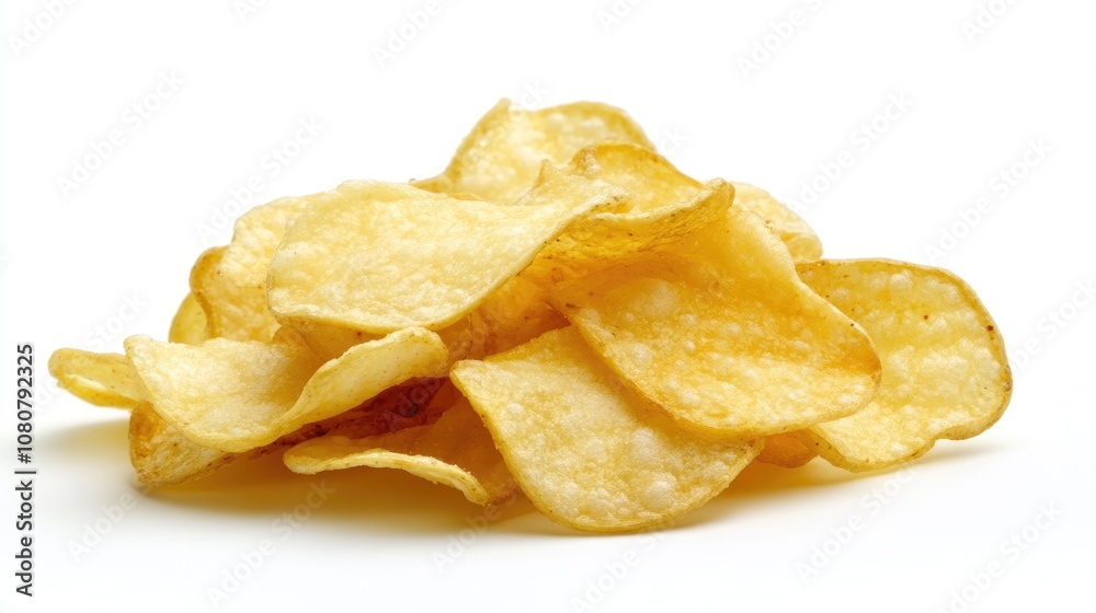 Crunchy potato crisps set against a clean white backdrop Crunchy potato crisps set against a clean white backdrop