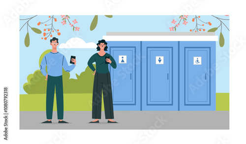 People near wc. Man and woman stand near blue stalls of outdoor public toilet. Cleanliness and hygiene. Poop and and piss. Flat vector illustration isolated on white background