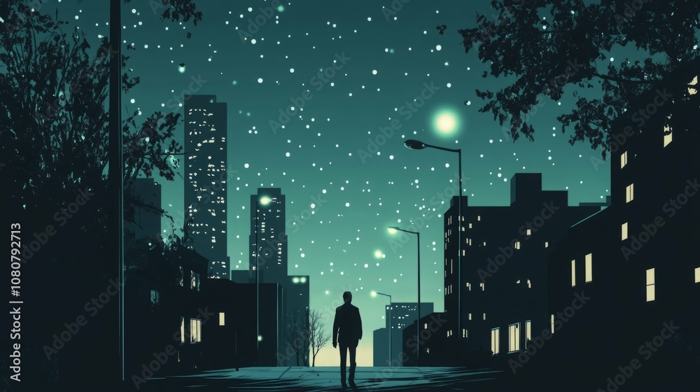 Fototapeta premium Silhouette of person under starry urban night sky.