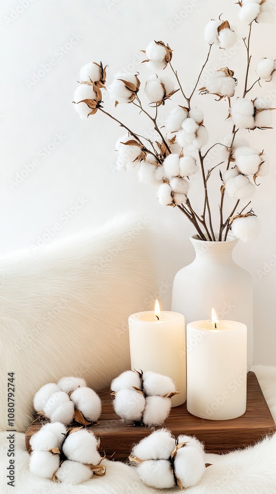 A cozy minimalist corner with fluffy fur, cotton branches, and soft candles inviting warmth and tranquility into the serene white space A cozy minimalist corner with fluffy fur, cotton branches, and soft candles inviting warmth and tranquility into the serene white space