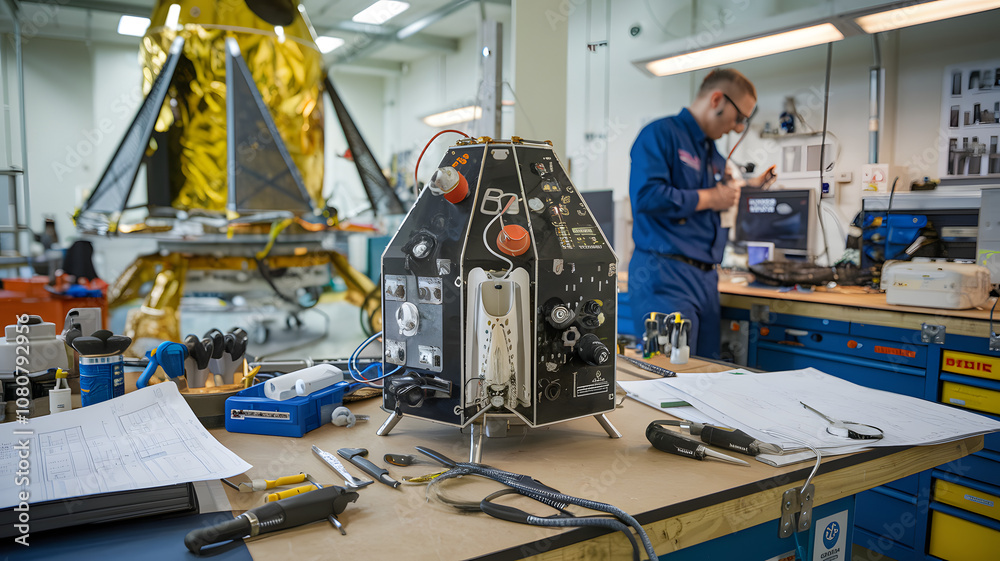 Space probe equipment in a high-tech lab, scientists analyzing data from deep space exploration, innovation and discovery in the field of astronomy.