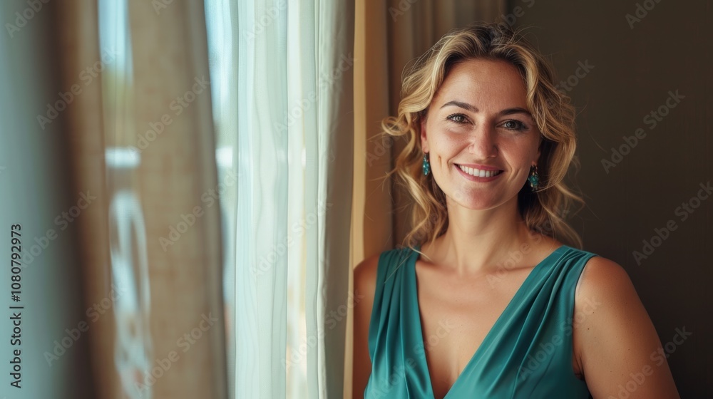Smiling Woman in Green Dress Standing in the City Generative AI Smiling Woman in Green Dress Standing in the City Generative AI