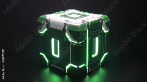 Green and white sci-fi container glowing on dark background