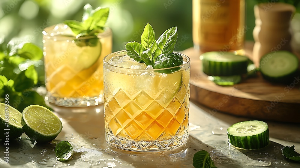 Refreshing cocktails with mint, cucumber, and lime served in elegant glasses, perfect for a summer gathering or celebration. Refreshing cocktails with mint, cucumber, and lime served in elegant glasses, perfect for a summer gathering or celebration.