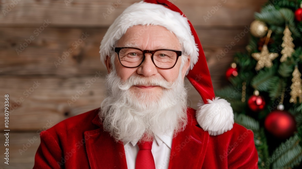 Santa Claus with a white beard and glasses smiles at the camera. He is wearing a red suit and a red tie, and is standing in front of a wooden background and a decorated Christmas tree.