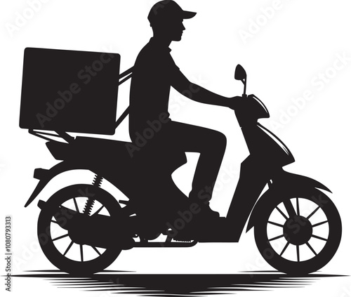 Delivery man on scooter with package silhouette vector illustration on white background