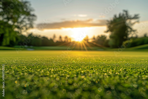 Generative AI Image of a Dew-Covered Golf Course Field at Sunrise photo