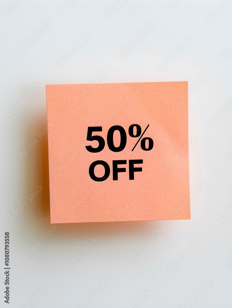 Black '50% OFF' Text on a Peach Fuzz Square Paper Note. White Background Black '50% OFF' Text on a Peach Fuzz Square Paper Note. White Background