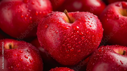 Fresh red apples forming a delicious still life with water droplets