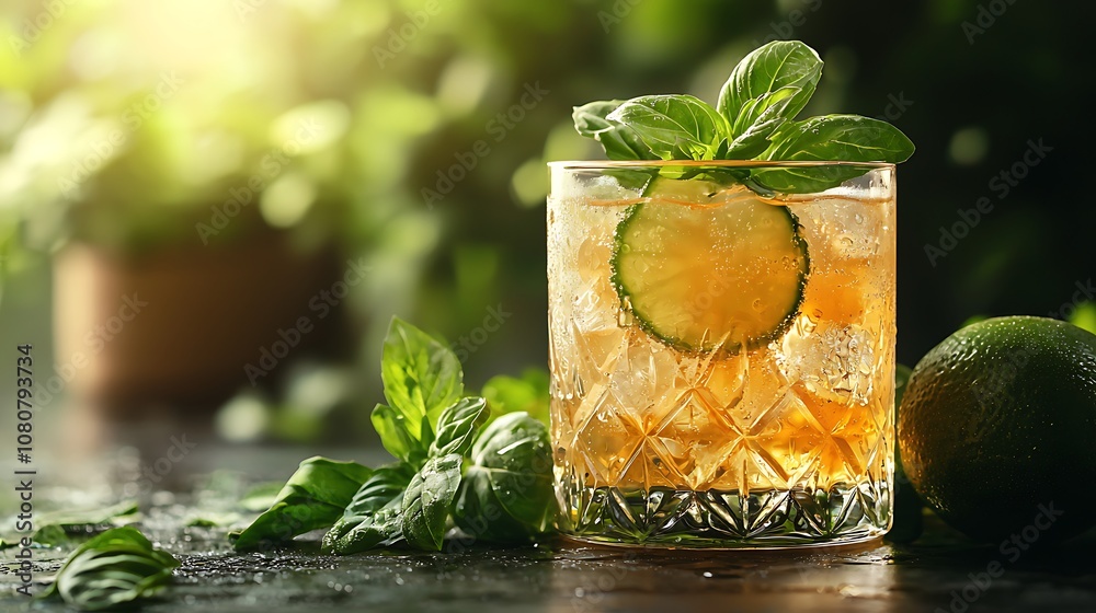 A refreshing cocktail garnished with mint and lime, served in a crystal glass, set against a lush green background. A refreshing cocktail garnished with mint and lime, served in a crystal glass, set against a lush green background.