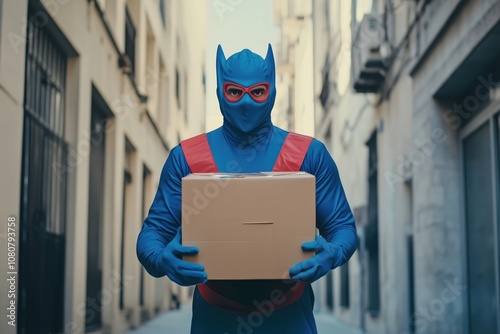 Superhero delivering package in urban alley, blue costume, red accents, holding cardboard box, city background photo