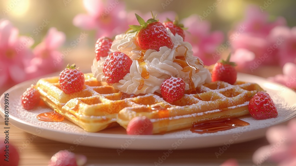 Indulge in a plate of fluffy belgian waffles topped with creamy whipped topping and fresh strawberries Indulge in a plate of fluffy belgian waffles topped with creamy whipped topping and fresh strawberries