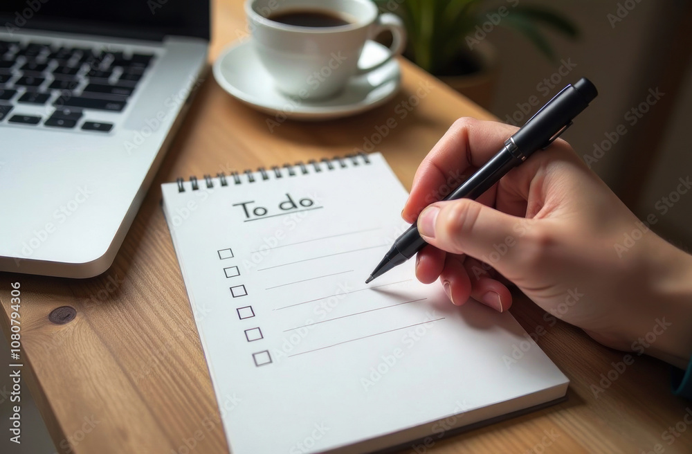 A hand is writing a checklist in a notebook next to a laptop and cup of coffee in a bright workspace A hand is writing a checklist in a notebook next to a laptop and cup of coffee in a bright workspace