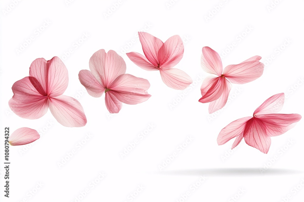 Pink Flower Petals Falling on White Background - Delicate Floral Beauty Pink Flower Petals Falling on White Background - Delicate Floral Beauty