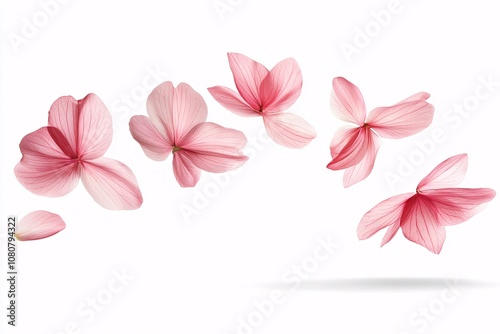 Pink Flower Petals Falling on White Background - Delicate Floral Beauty