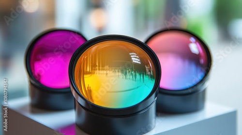 Three colorful lenses showcased on display photo