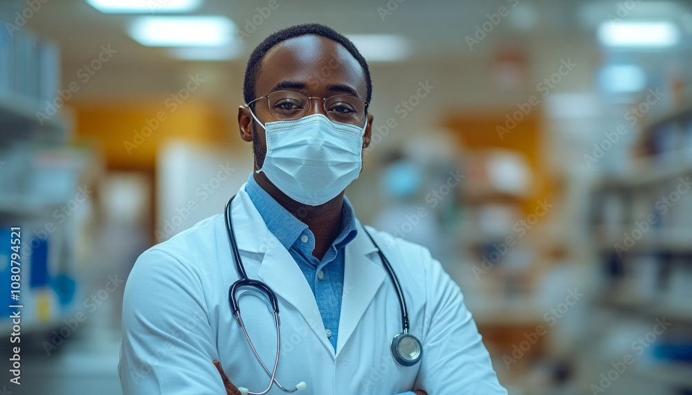 Healthcare professional wearing a mask and stethoscope in a hospital setting Healthcare professional wearing a mask and stethoscope in a hospital setting