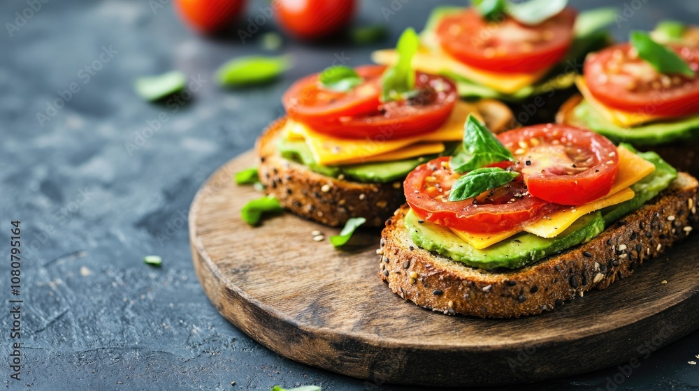 Nutritious toasts topped with avocado cheddar and tomatoes ideal for breakfast or lunch Vegetarian sandwiches perfect for a plant based diet Whole food concept with ample copy space Nutritious toasts topped with avocado cheddar and tomatoes ideal for breakfast or lunch Vegetarian sandwiches perfect for a plant based diet Whole food concept with ample copy space