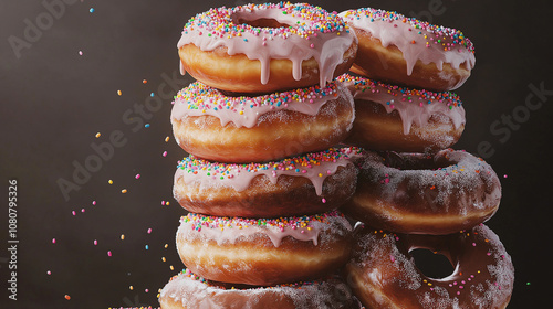 Stack of delicious glazed donuts with colorful sprinkles falling