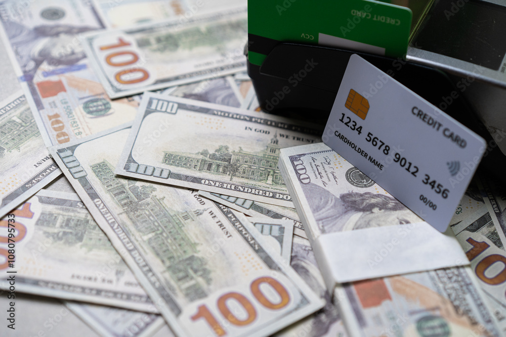 credit card and EDC machine on top of a stack of 100 US dollar bills, currency concept. credit card and EDC machine on top of a stack of 100 US dollar bills, currency concept.