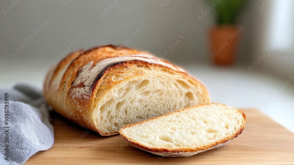 Freshly Sliced Rustic Bread Loaf on Wooden Board Freshly Sliced Rustic Bread Loaf on Wooden Board