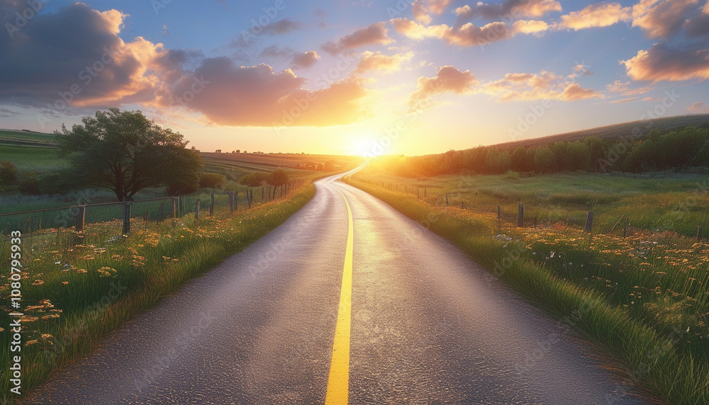 A winding road through vibrant fields at sunset in a serene countryside landscape A winding road through vibrant fields at sunset in a serene countryside landscape