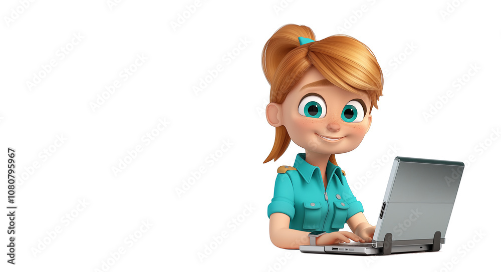 3d cartoon woman sitting in chair with laptop. 3d cartoon woman sitting in chair with laptop.