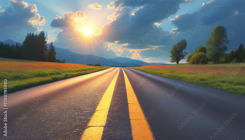 Golden rays illuminate a winding road through vibrant fields at sunset's embrace