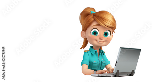 3d cartoon woman sitting in chair with laptop.