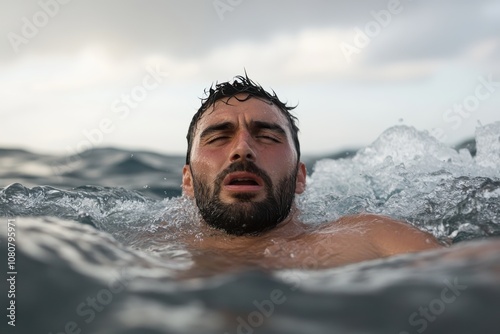 A determined swimmer emerges from the tumultuous ocean waves, his face expressing determination amid the watery chaos, showcasing human resilience and struggle. photo