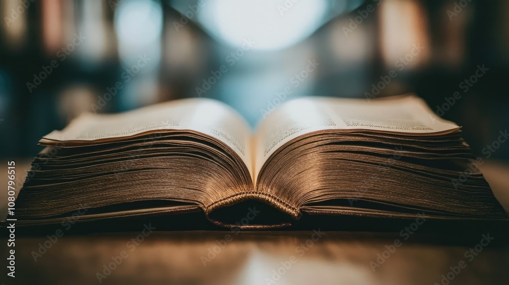 Antique open book under a narrow light beam, casting a warm glow on its textured pages Antique open book under a narrow light beam, casting a warm glow on its textured pages