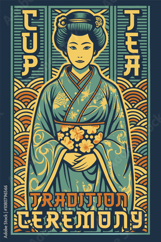 Colorful illustration of a geisha wearing a traditional kimono, holding a cup of tea, during a traditional tea ceremony, with a background of stylized waves