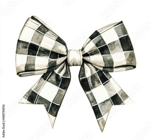 Watercolor illustration of a black and white checkered bow.